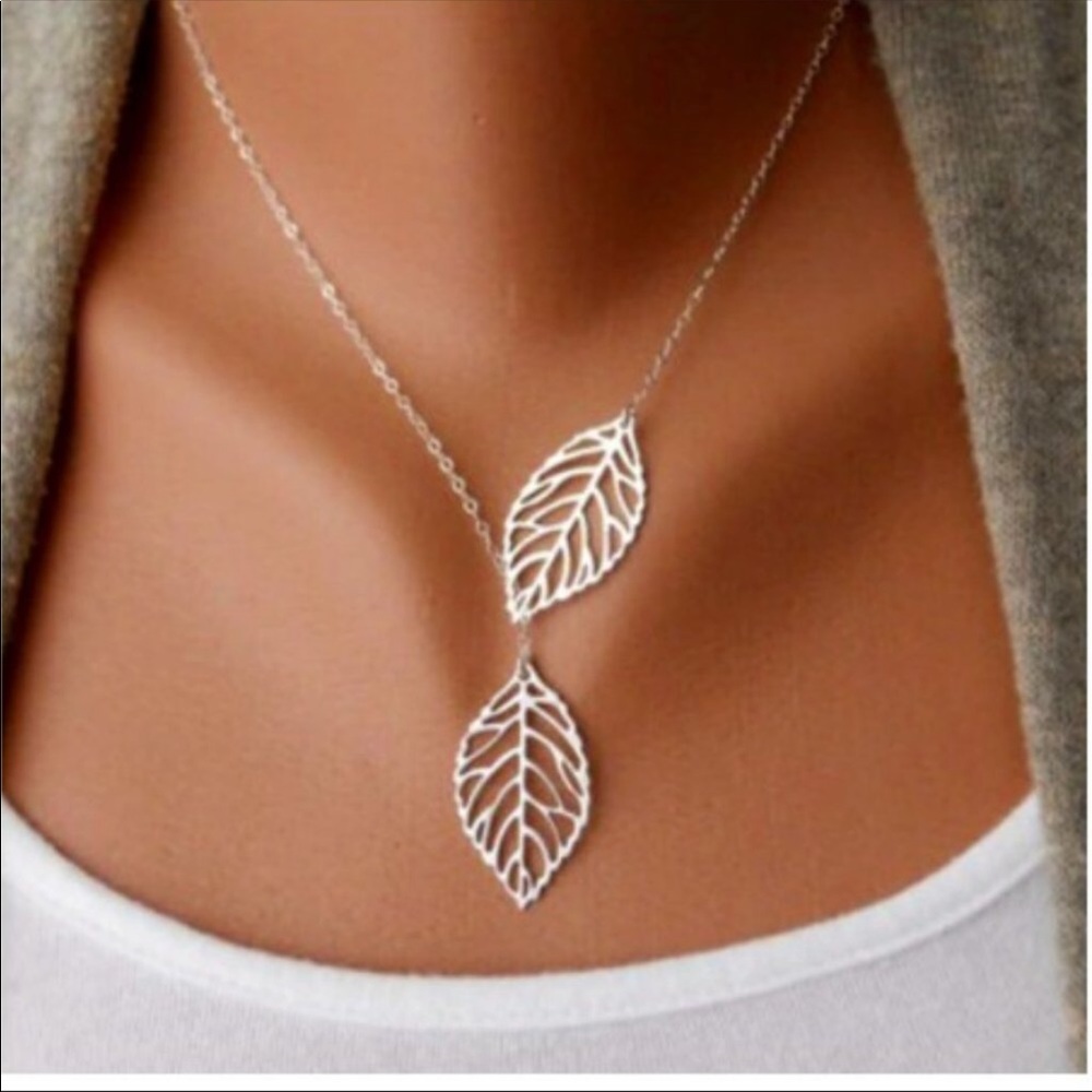 Double Interlocking Silver Leaf Necklace